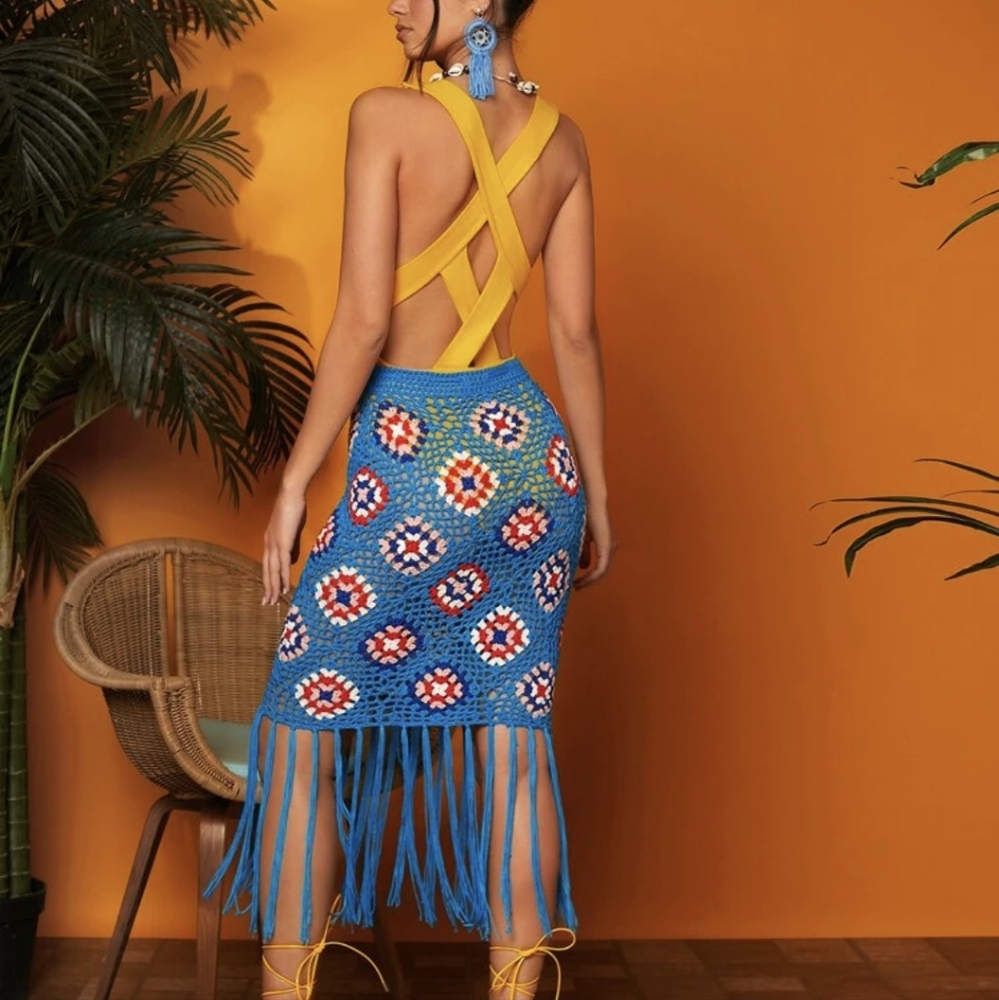 Geometric Pattern Tassel Trim Open Knit Skirt - image 3